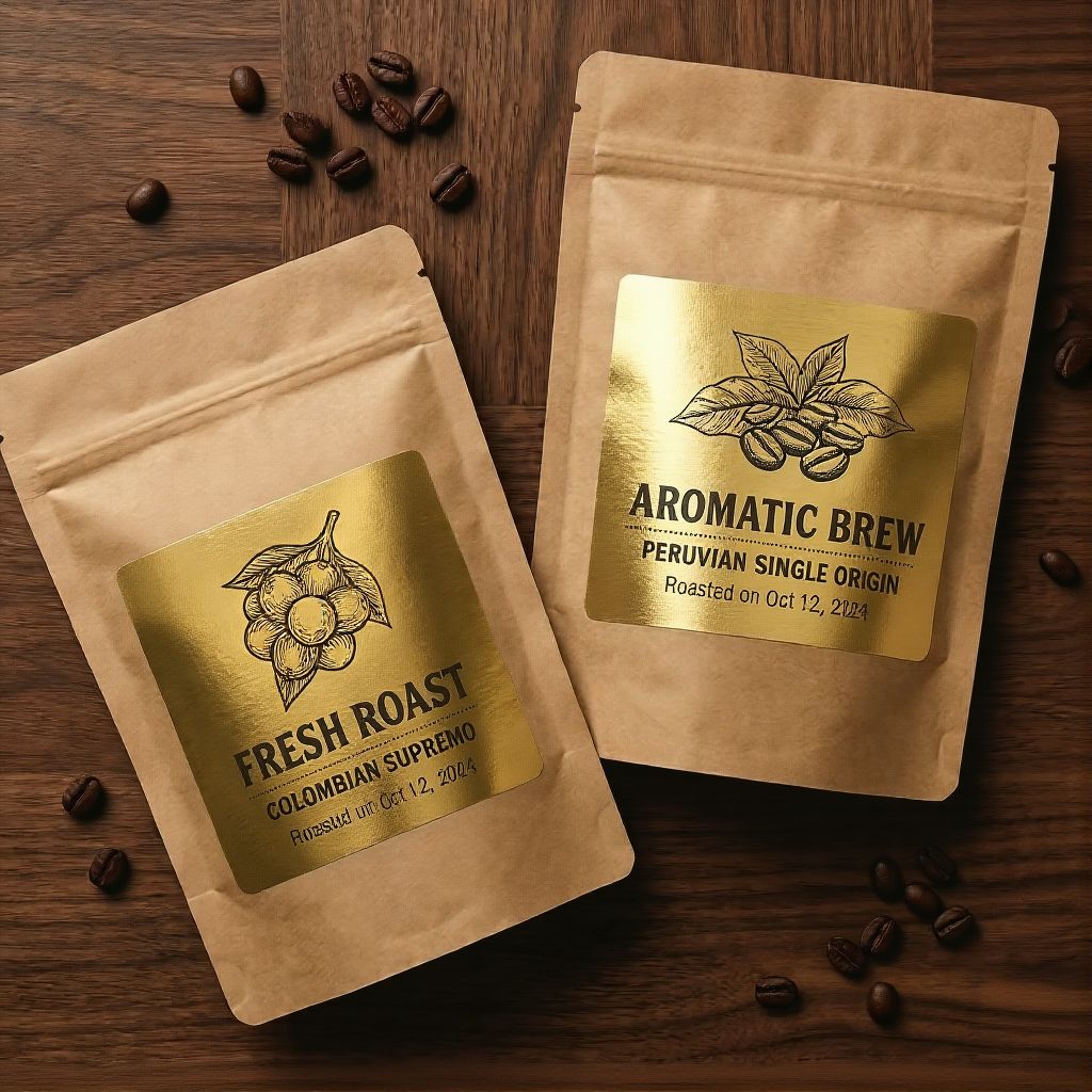 Top-down view of two brown paper coffee pouches with custom printed gold foil labels. One label is for "Fresh Roast Colombian Supremo" and the other for "Aromatic Brew Peruvian Single Origin," both with roasted-on dates and illustrative details.