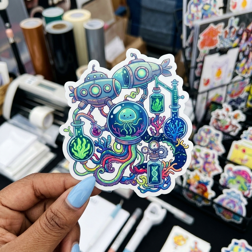 Colorful vinyl sticker with a robot and jellyfish design held by a hand in a store setting.