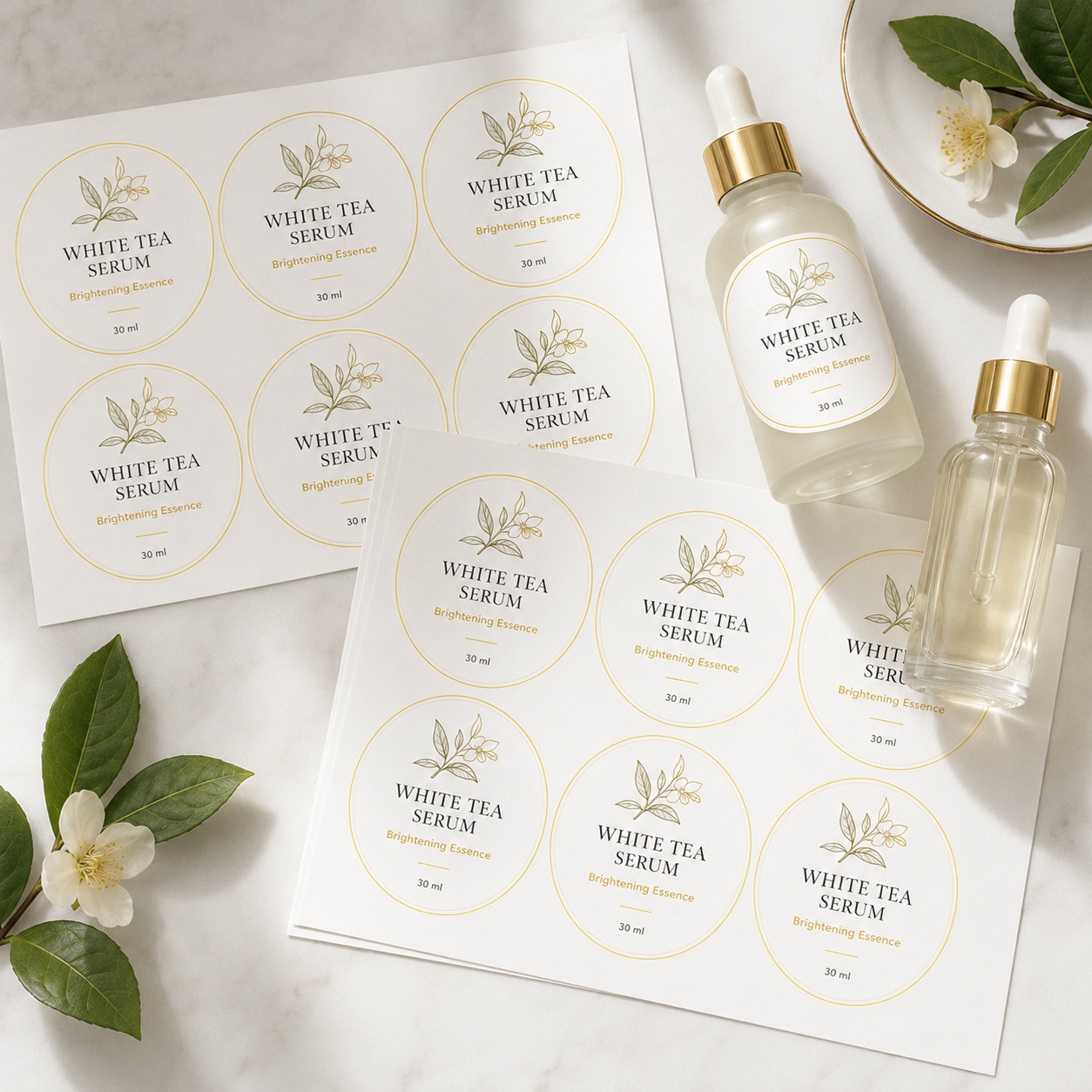 Round custom cosmetic labels on white vinyl sheets for white tea serum dropper bottles, waterproof and smudge-proof