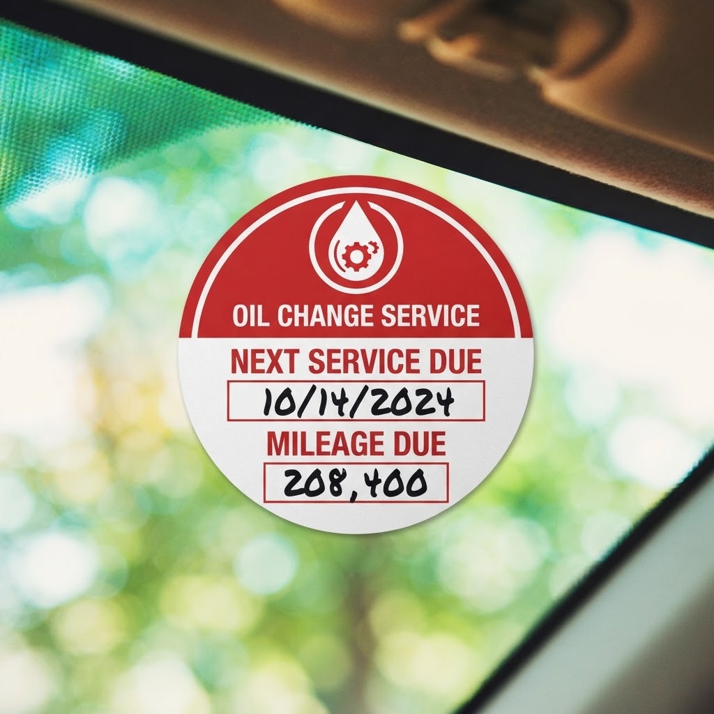 Round custom oil change service reminder sticker with gear icon on a vehicle windshield.