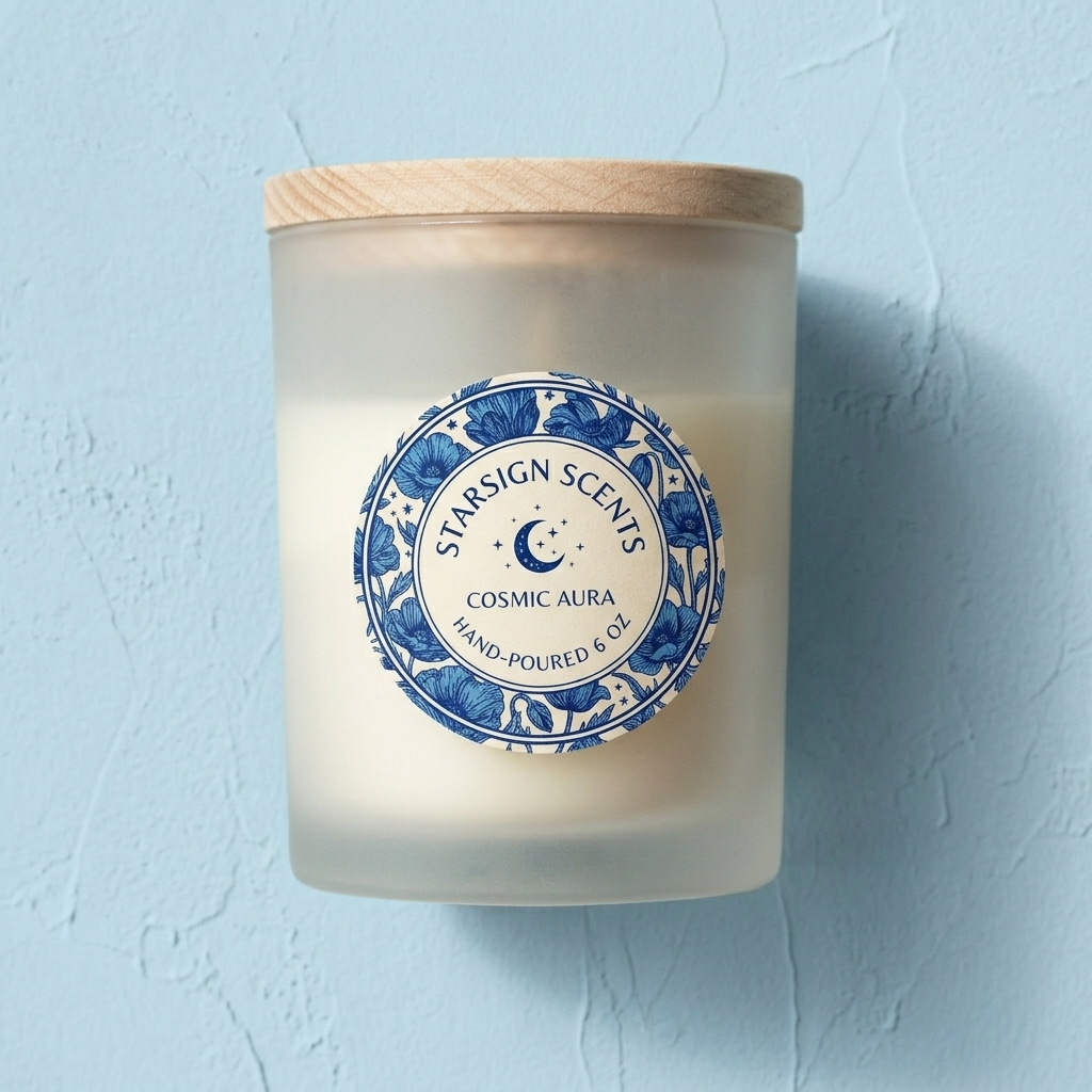 Elegant round custom stickers with blue floral patterns on a frosted glass candle jar.