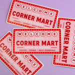 Rounded corner rectangle stickers with pink Corner Mart design