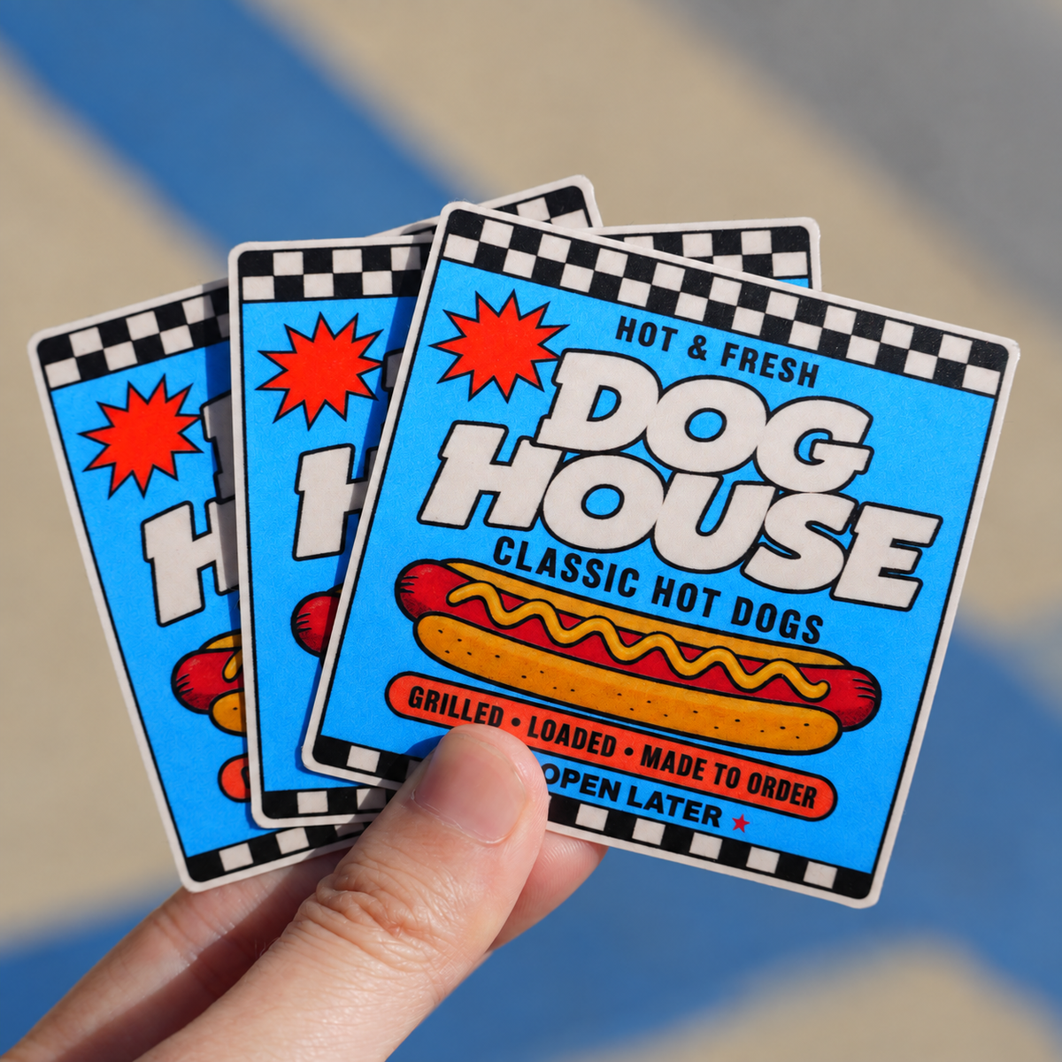 Rounded corner square stickers with colorful custom hot dog shop design