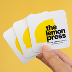 Rounded corner square stickers with yellow lemon press design