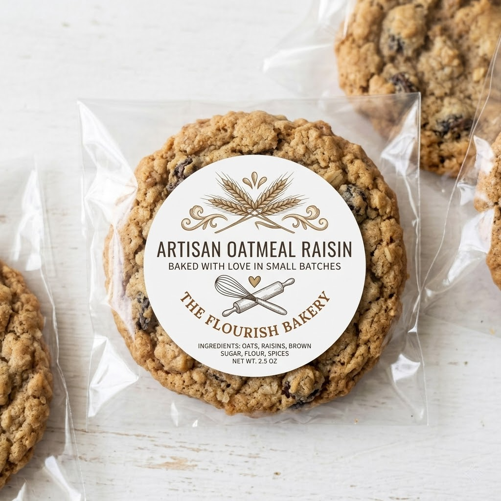 Artisan oatmeal raisin cookie with a circle sticke from The Flourish Bakery on a white background