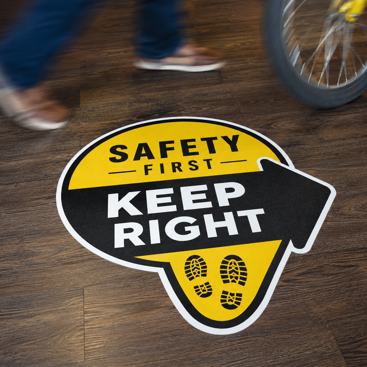 Yellow and black directional floor decal featuring a large arrow and the text "Safety First - Keep Right" with footprint icons, applied on a dark wood floor.