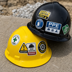A yellow and a black construction hard hat decorated with various safety stickers including PPE Required, Stay Alert, and Caution Area.