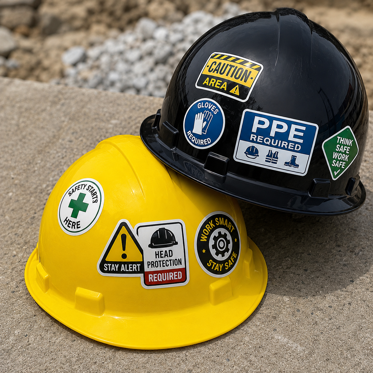 A yellow and a black construction hard hat decorated with various safety stickers including PPE Required, Stay Alert, and Caution Area.