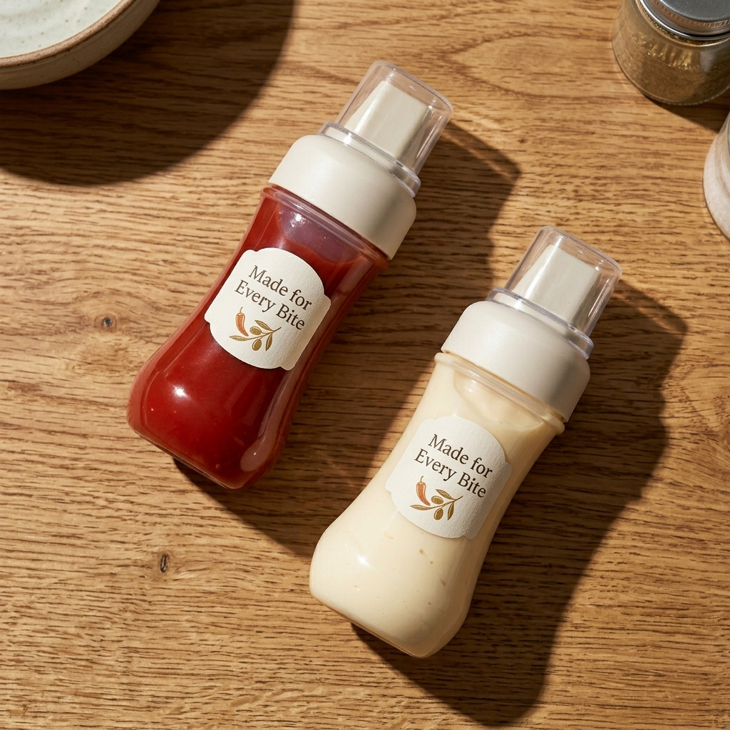 Two condiment sauce bottles, one red and one beige, on a wooden surface with “Made for Every Bite” labels.