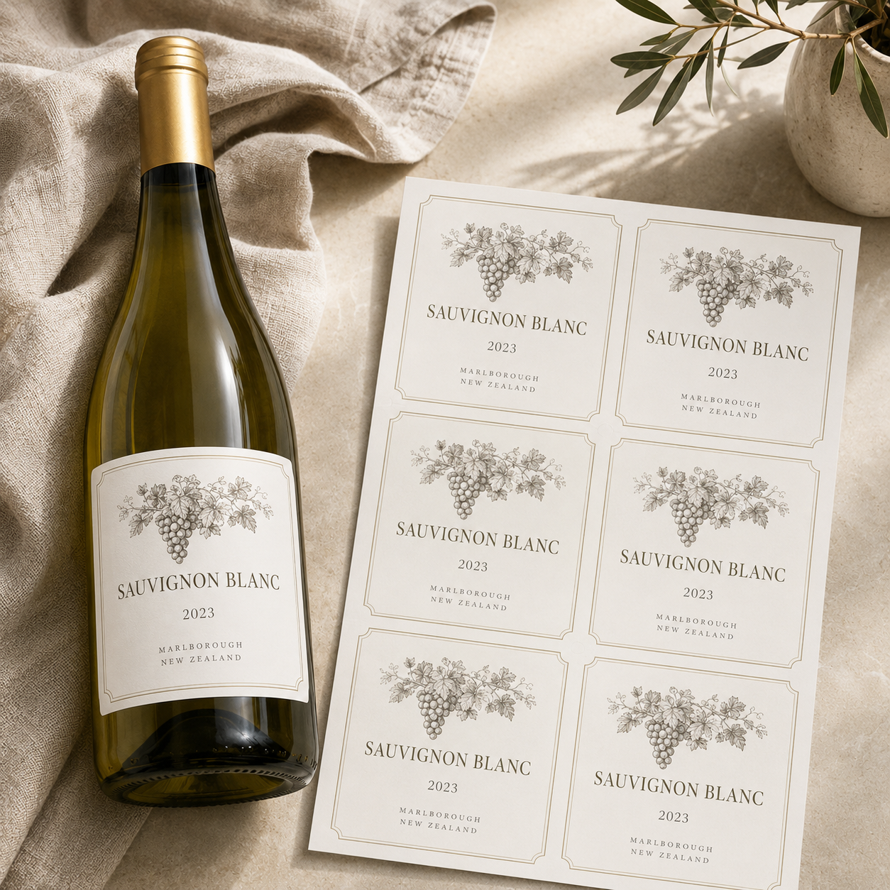 A sheet of six printable Sauvignon Blanc wine labels next to a finished bottle, featuring vintage grape sketches and Marlborough New Zealand branding.