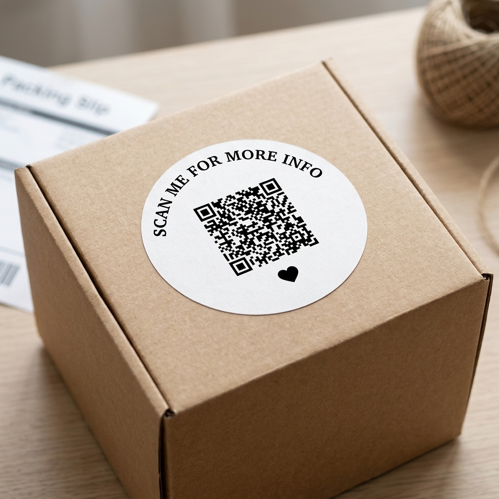 QR code sticker on shipping box inviting customers to scan for more information on a wooden surface