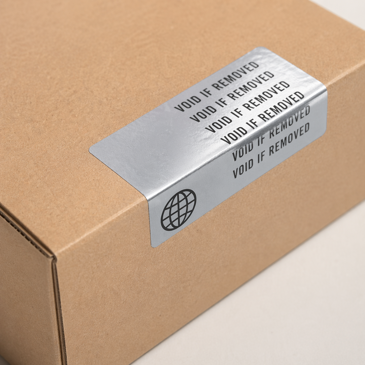 Custom security metallic vinyl sticker tag with 'VOID IF REMOVED' text for a cardboard box packaging.