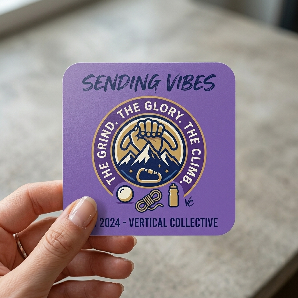 "sending vibes" motivational style purple rounded corner sticker held by a hand on a neutral background, full color printing and clean cutting