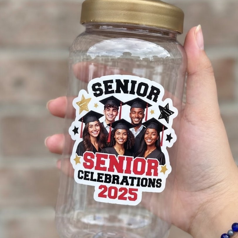 Hand holding a clear water bottle decorated with a custom Senior Celebrations 2025 graduation photo sticker.