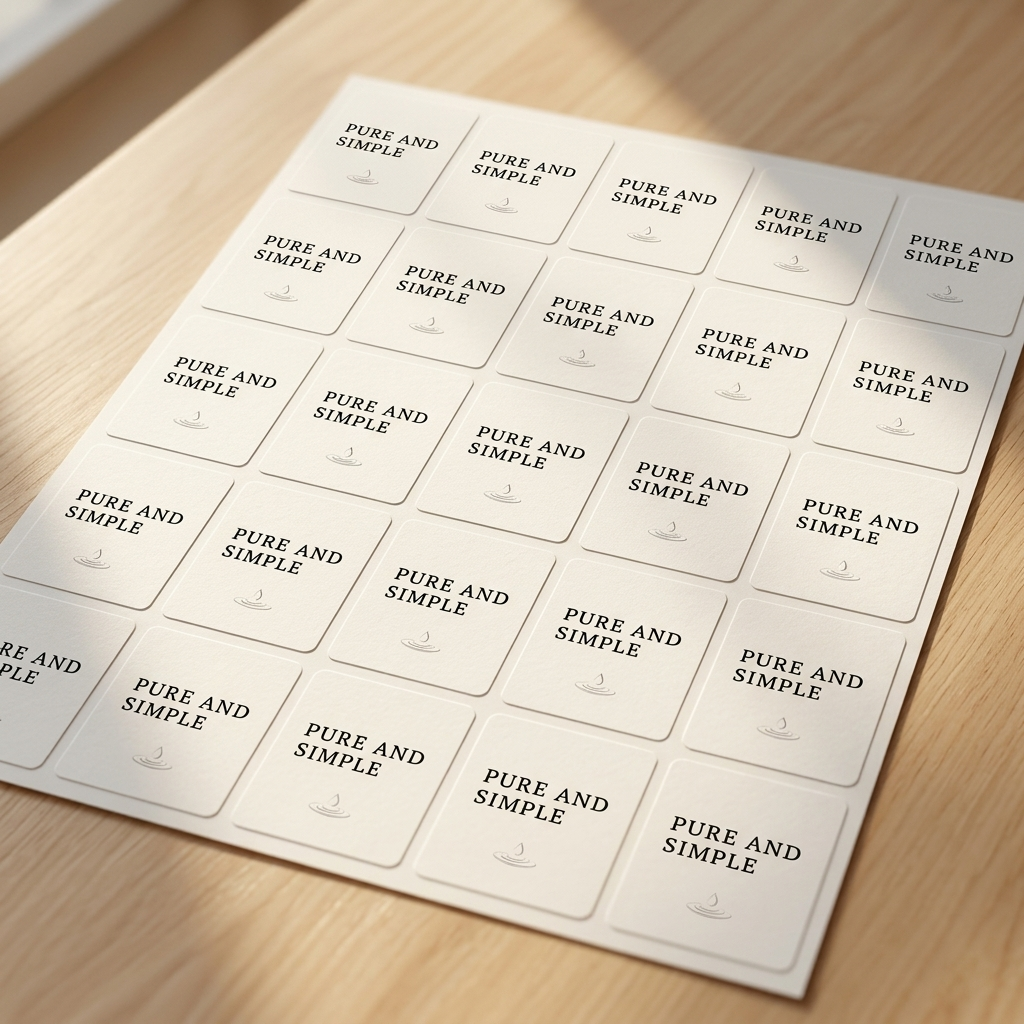 Sheet of 'PURE AND SIMPLE' labels on a wooden surface