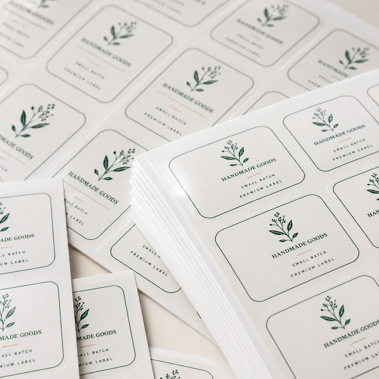rounded corner sheet labels stacked on sheets with custom printed adhesive labels for product packaging