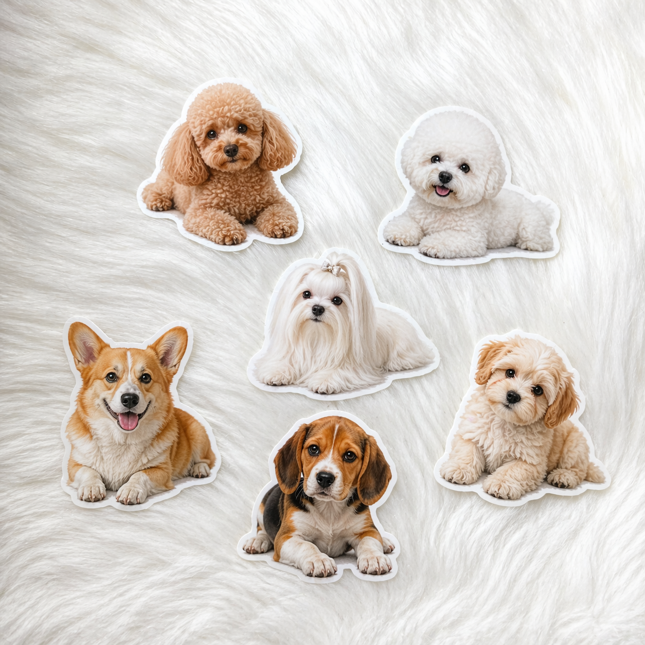custom pet dog stickers of six different dogs on a textured white background