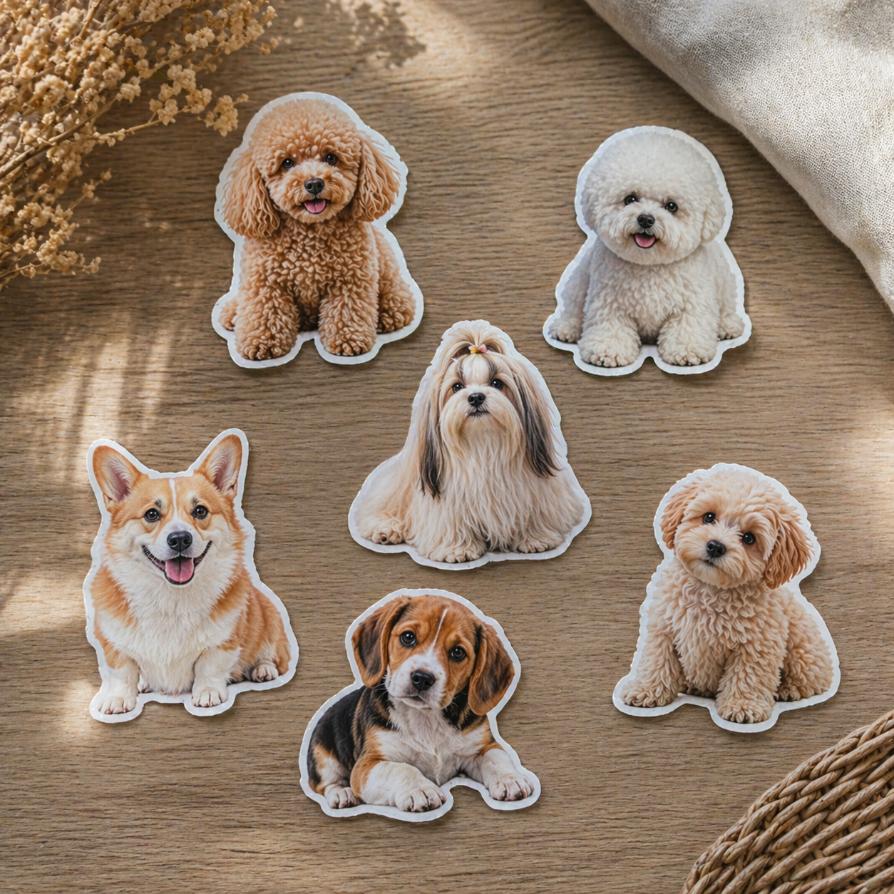 Set of six personalized dog stickers on a wooden surface with decorative elements.