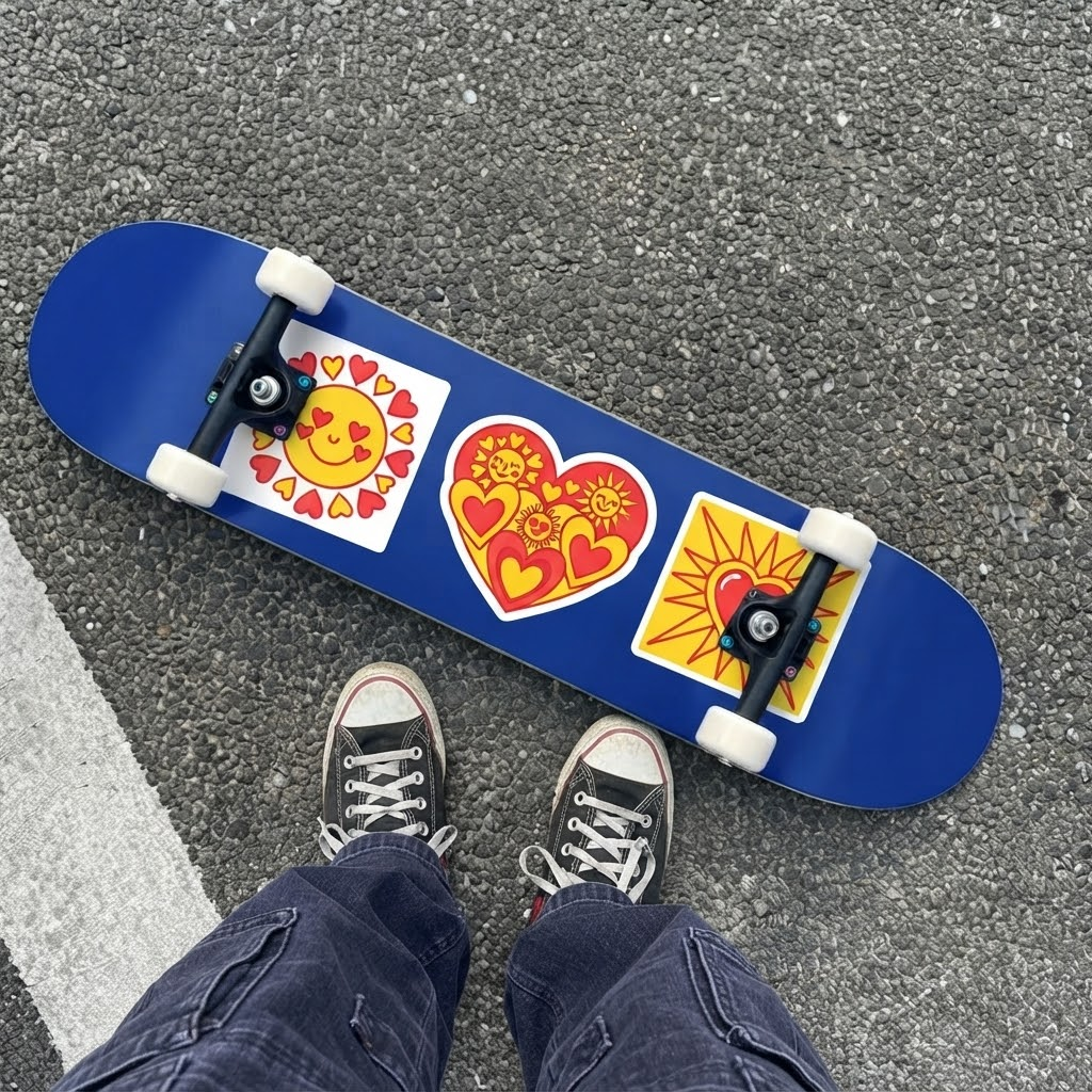 Person standing on a blue skateboard featuring custom sun and heart stickers.