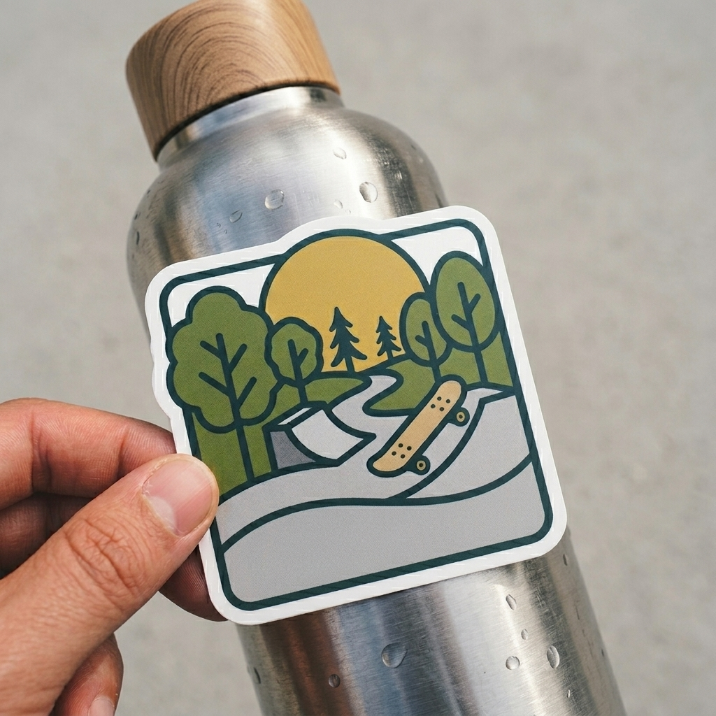 Hand holding a waterproof sticker with a nature-themed design of trees and a skateboard held over a metal water bottle.