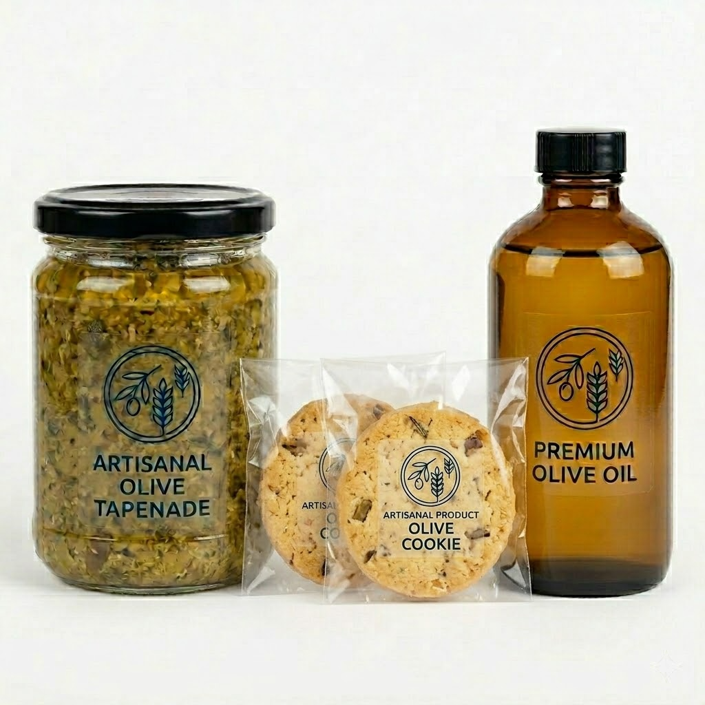 Sleek transparent product labels and clear logo labels applied on food jars, cookie plastic packaging, and amber glass oil bottles for premium branding.