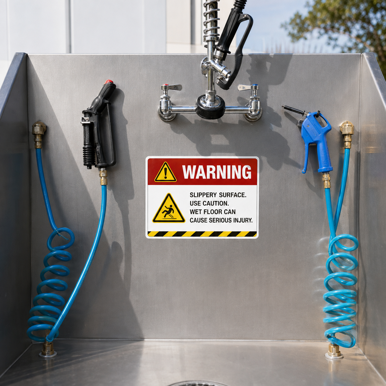 Warning label for slippery surface and wet floor mounted on a stainless steel washing station.