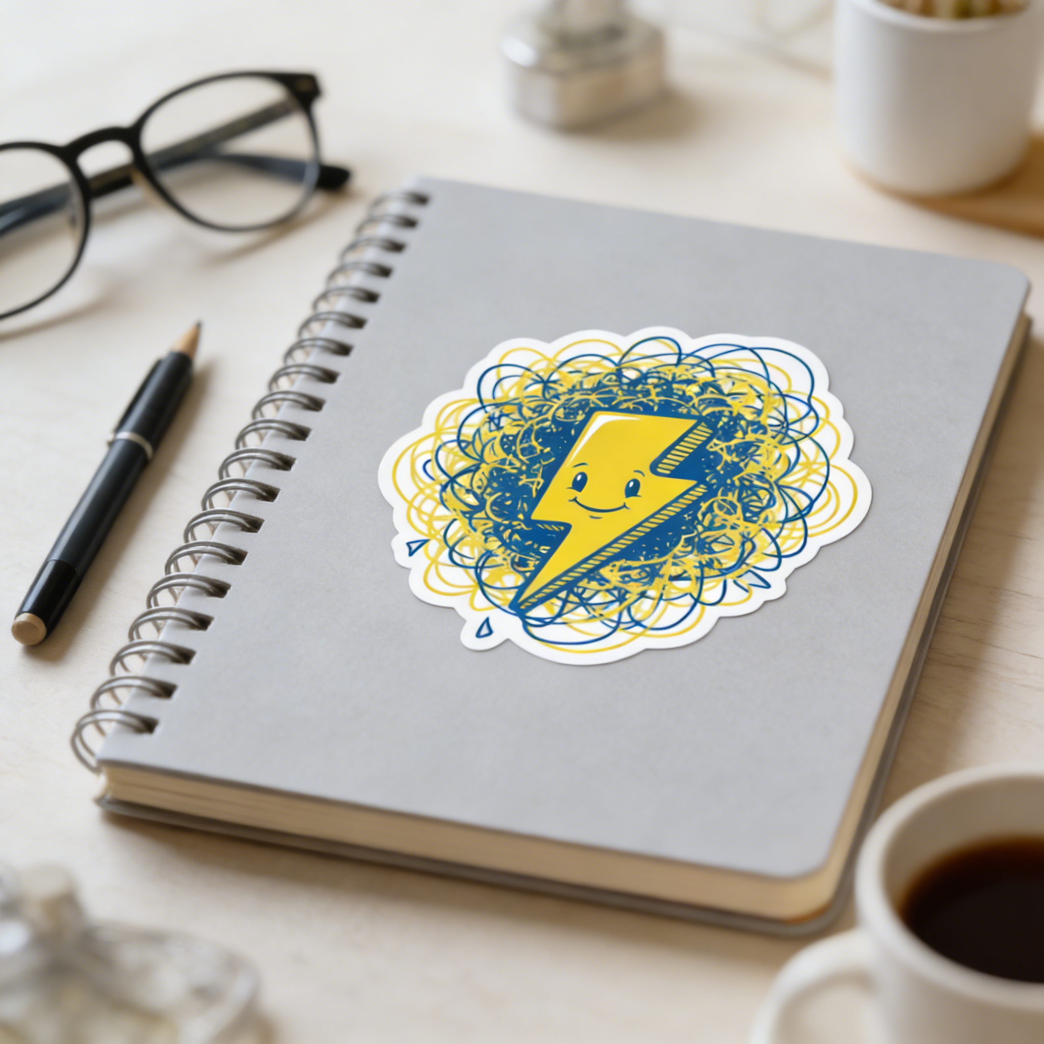 Notebook with a sticker of a smiling lightning bolt on a desk with glasses, pen, and coffee.