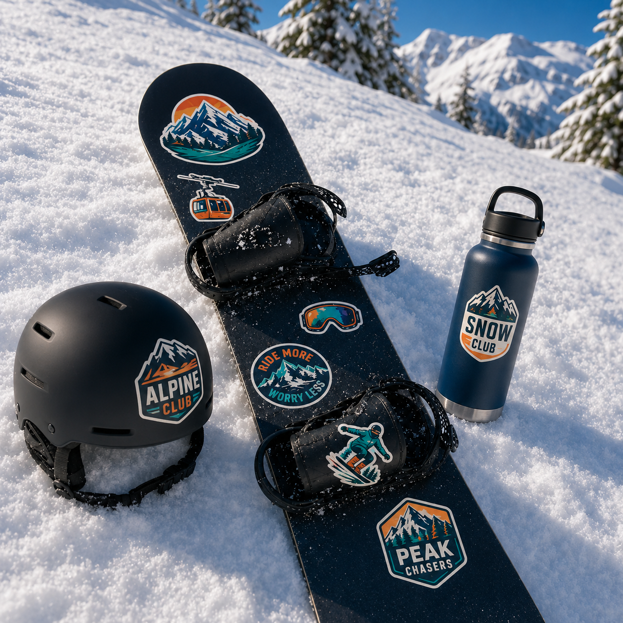 Snowboard with waterproof custom stickers placed on alpine snow featuring ski helmet and insulated water bottle with ski club branding
