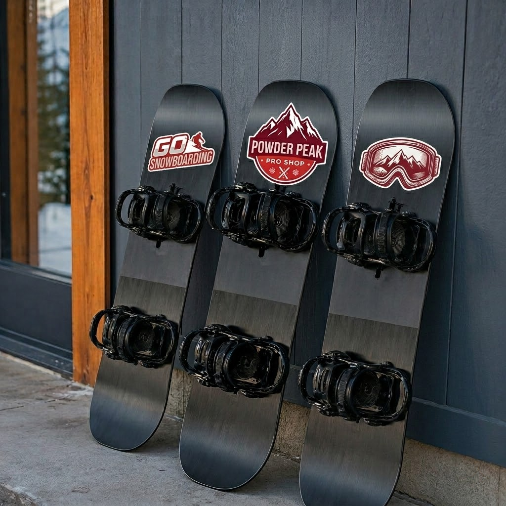 Three snowboards displayed in snowboard shop interior featuring custom pro shop and ski brand stickers on wall-mounted racks