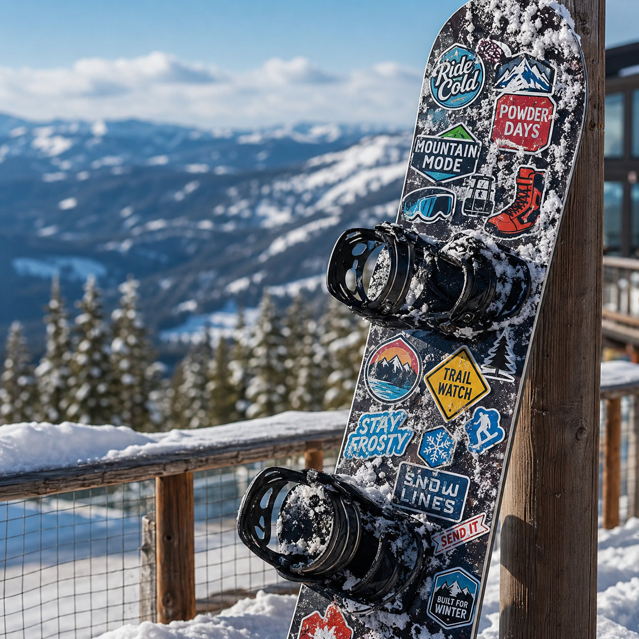 Snowboard fully covered with waterproof sticker bomb design standing in snowy outdoor alpine mountain environment