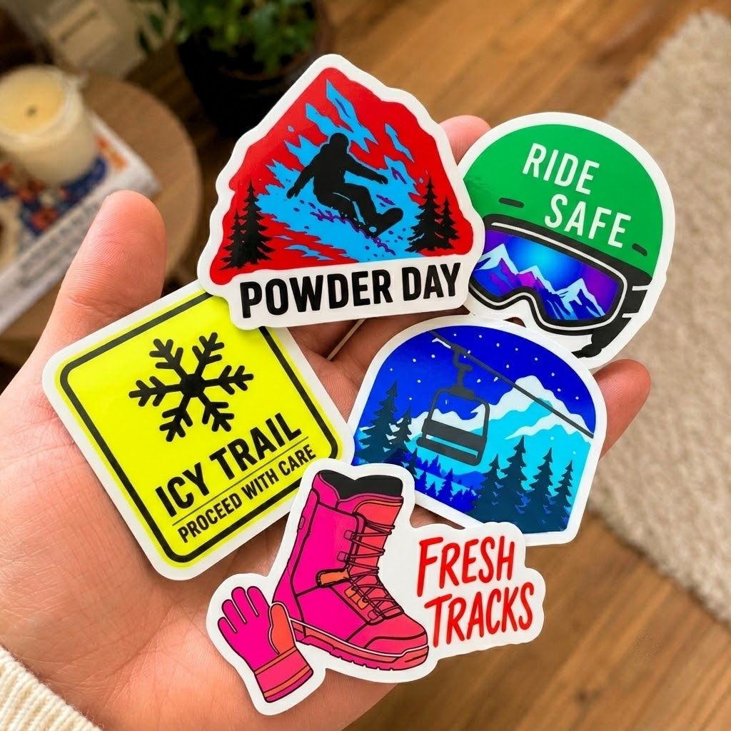 Colorful snowboard stickers featuring powder day fresh tracks winter sports designs held in hand indoor scene