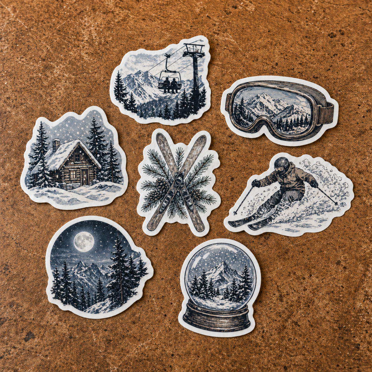 Die-cut ski stickers and snowboard decals with rustic winter and mountain illustrations on a cork background.