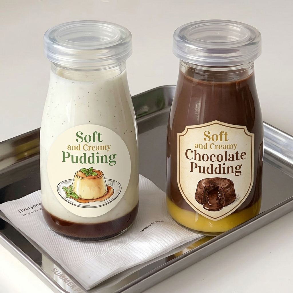Vanilla and chocolate pudding jars with a soft, creamy texture, displayed on a tray with waterproof labeling.