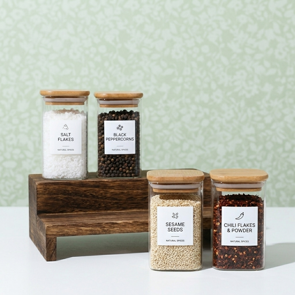 Four glass jars with wooden lids containing different spices on a white surface with a light green patterned wall background.