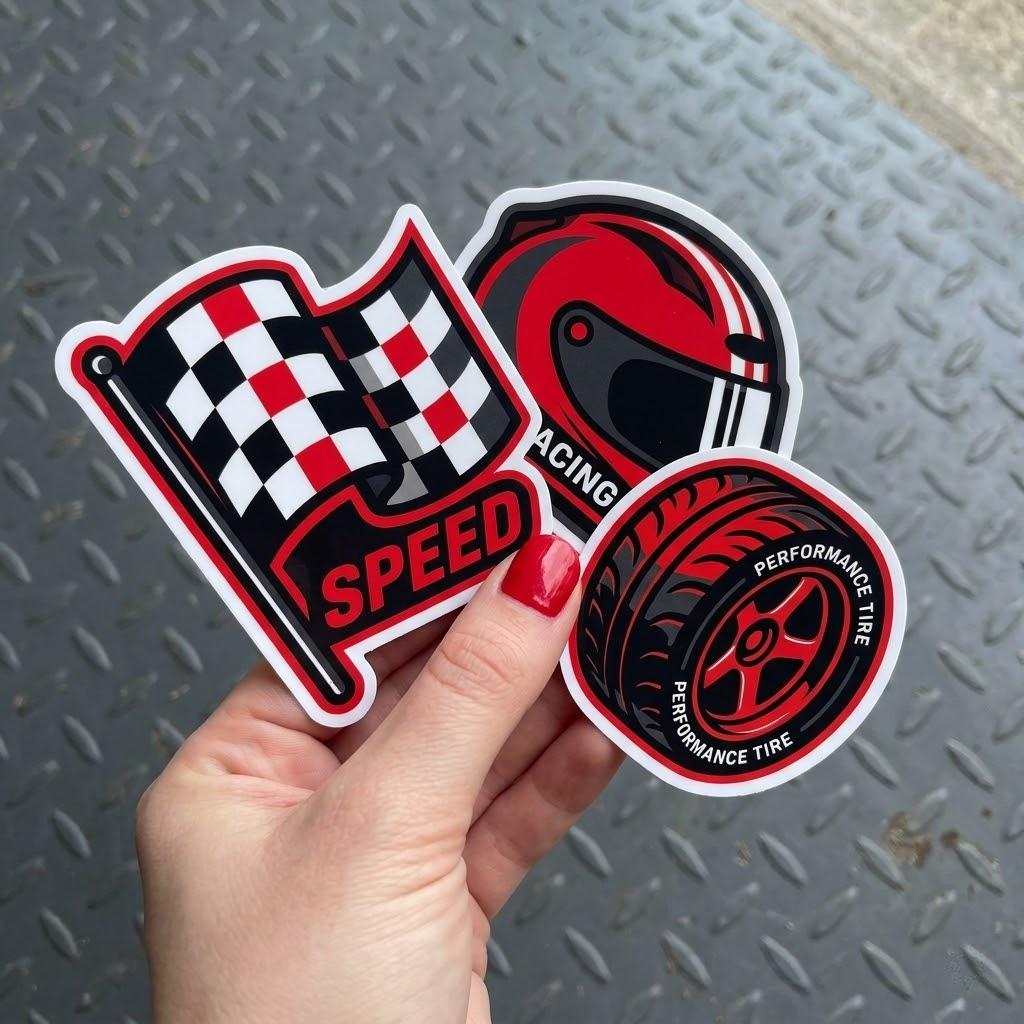 Hand holding a set of racing-themed stickers: checkered flag with ‘SPEED’, red racing helmet, and performance tire, on a textured metal background.