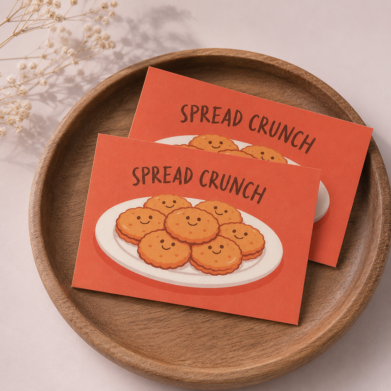 Red rectangle stickers with Spread Crunch cracker illustration on a wooden tray