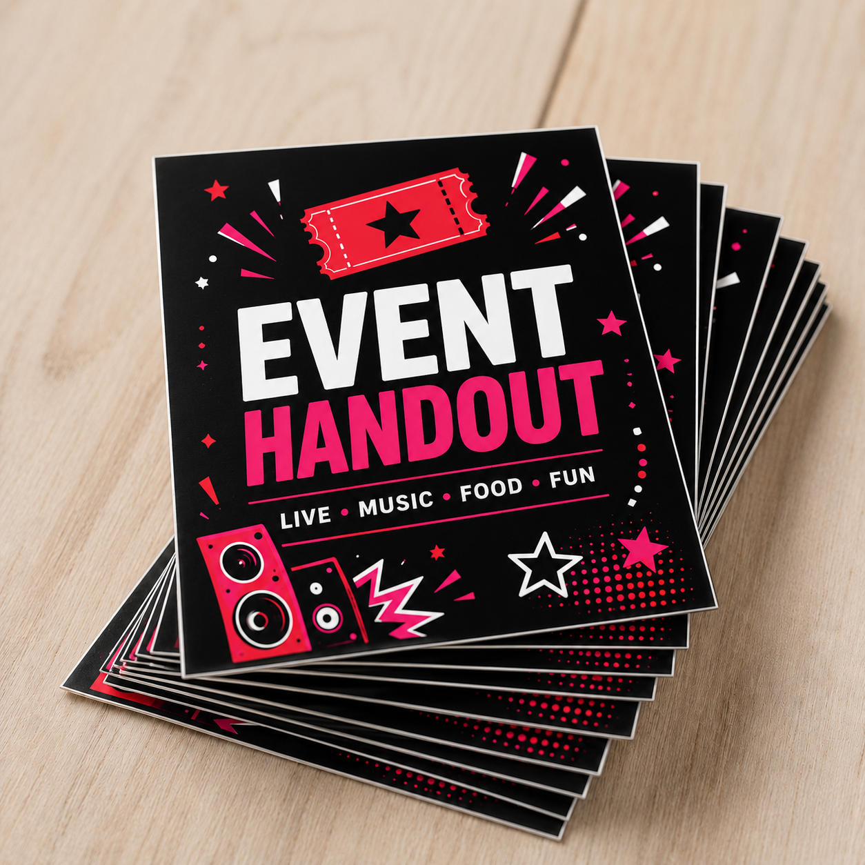 Custom square event handout stickers with a bold concert-style design, displayed in a thin stack on a light wood tabletop.
