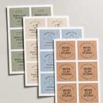 Custom square sheet labels with Moss Clay Studio designs in multiple colors