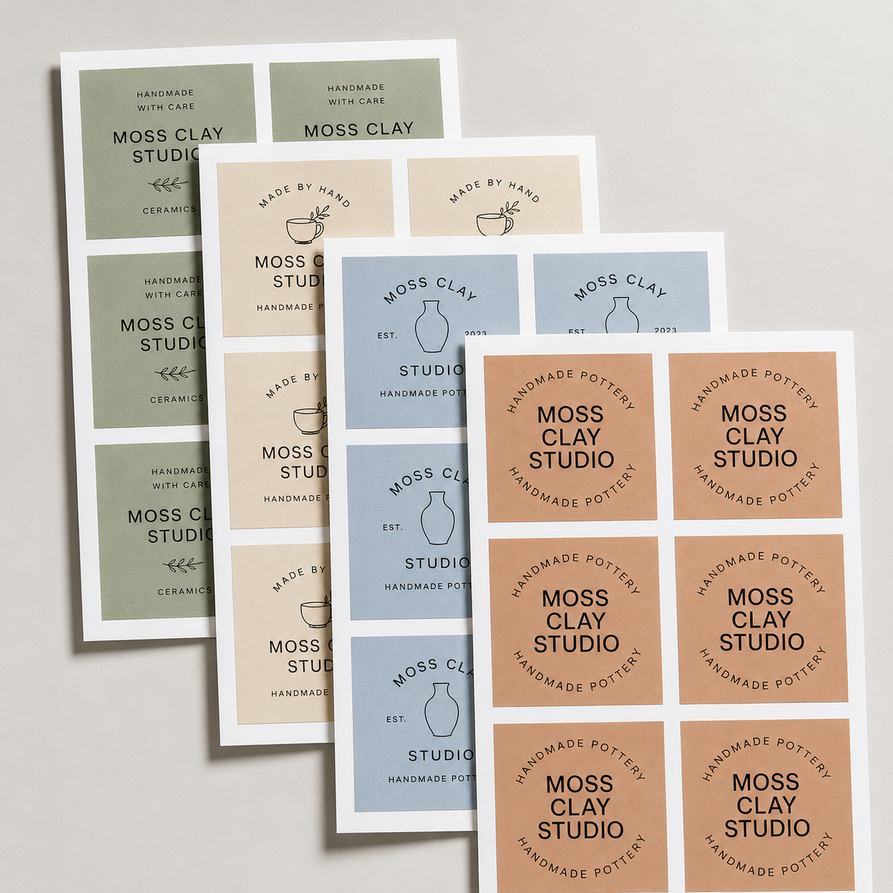 Custom square sheet labels with Moss Clay Studio designs in multiple colors