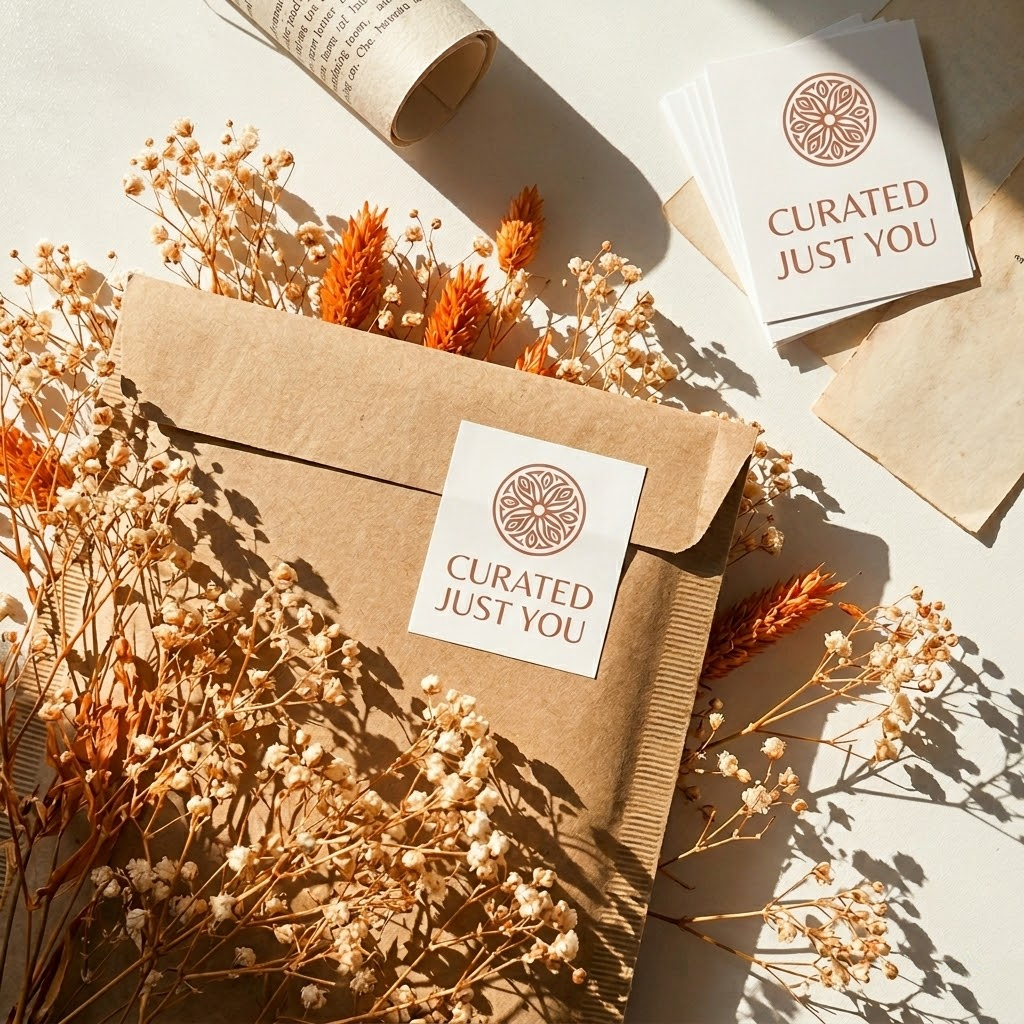 A square white vinyl sticker with a brown floral logo and "CURATED JUST YOU" text, applied to a brown kraft paper mailer.