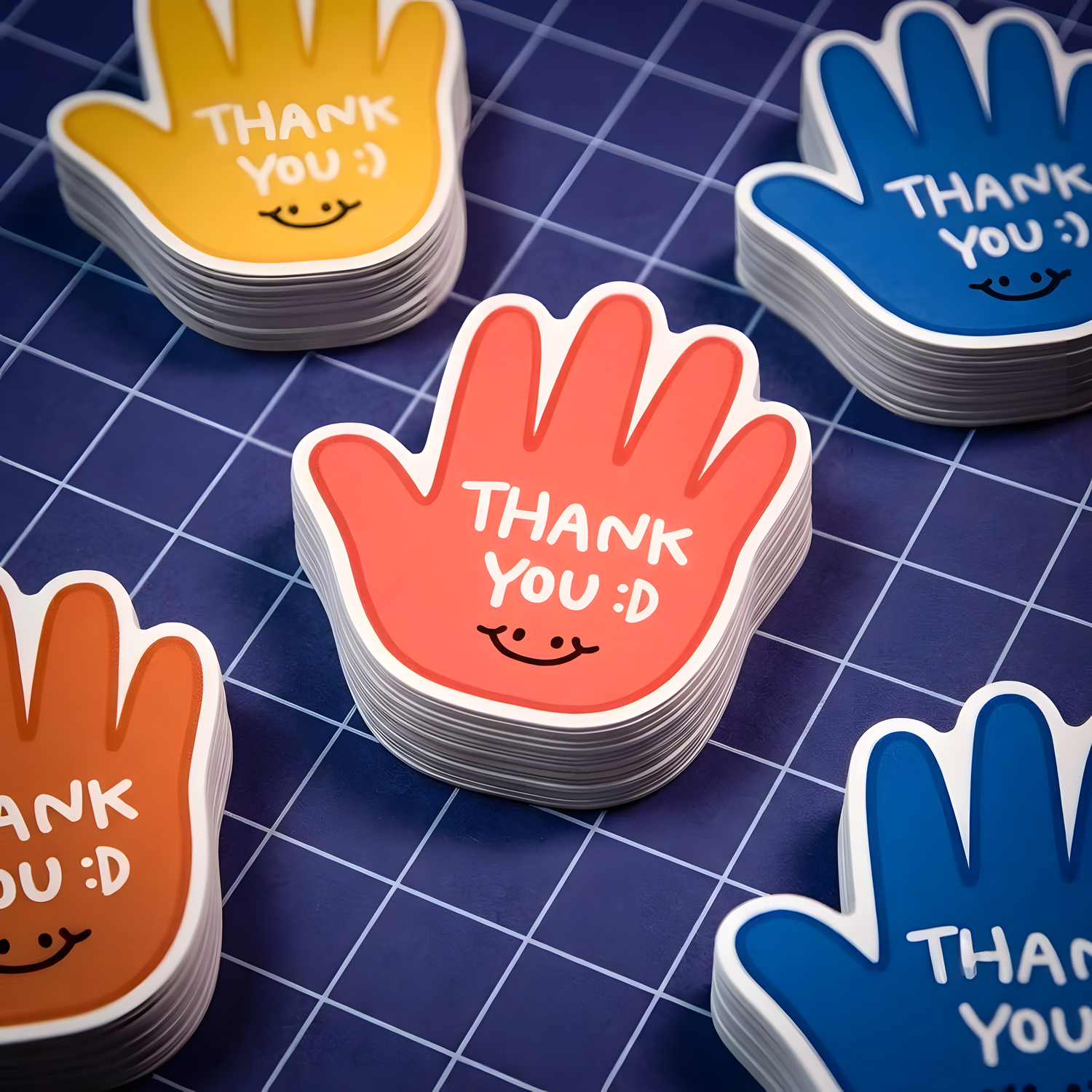 Stack of colorful custom die-cut vinyl stickers showing multiple printed stickers with a thank you design and clean cut edges.