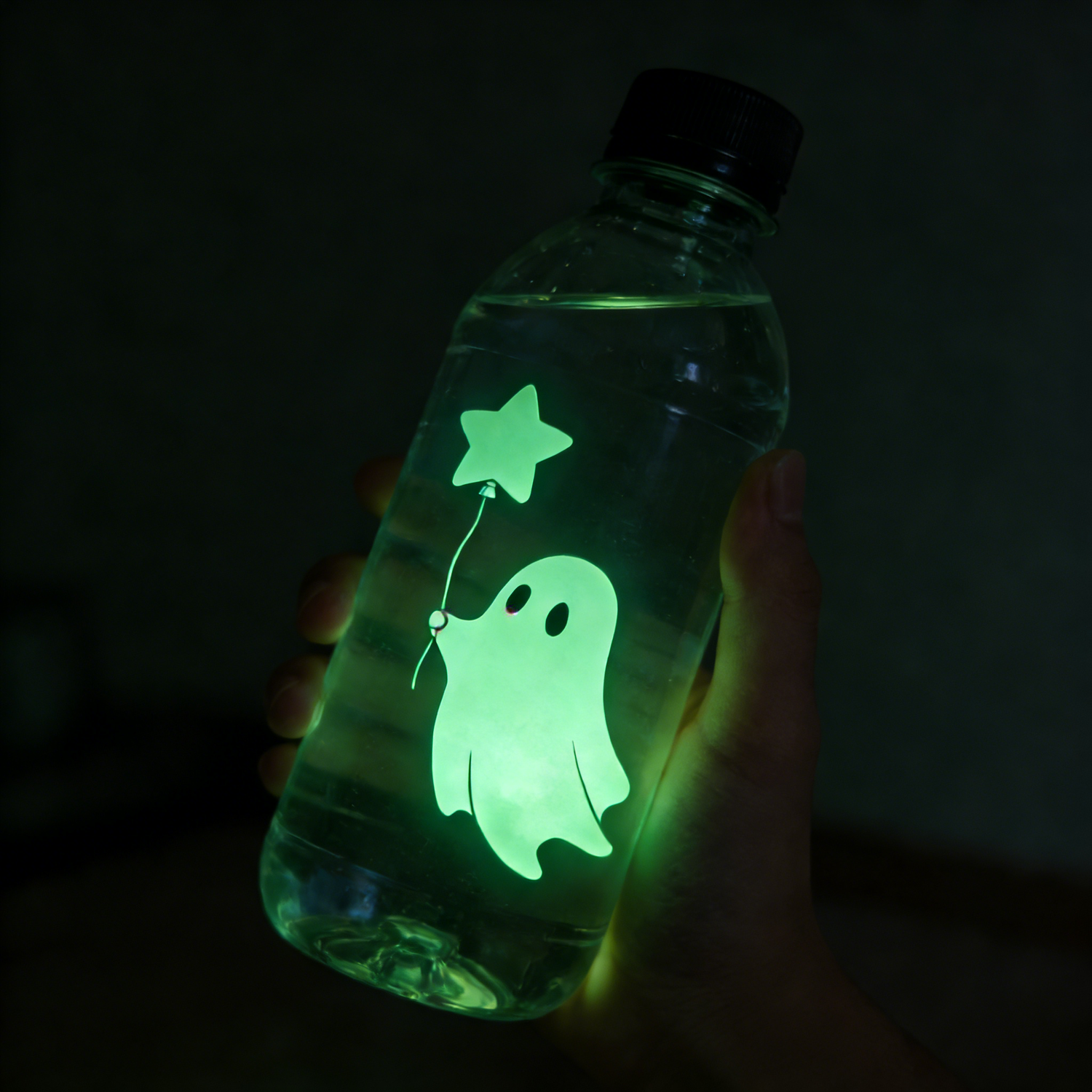 Glowing sticker on bottle with a ghost and star design in the dark