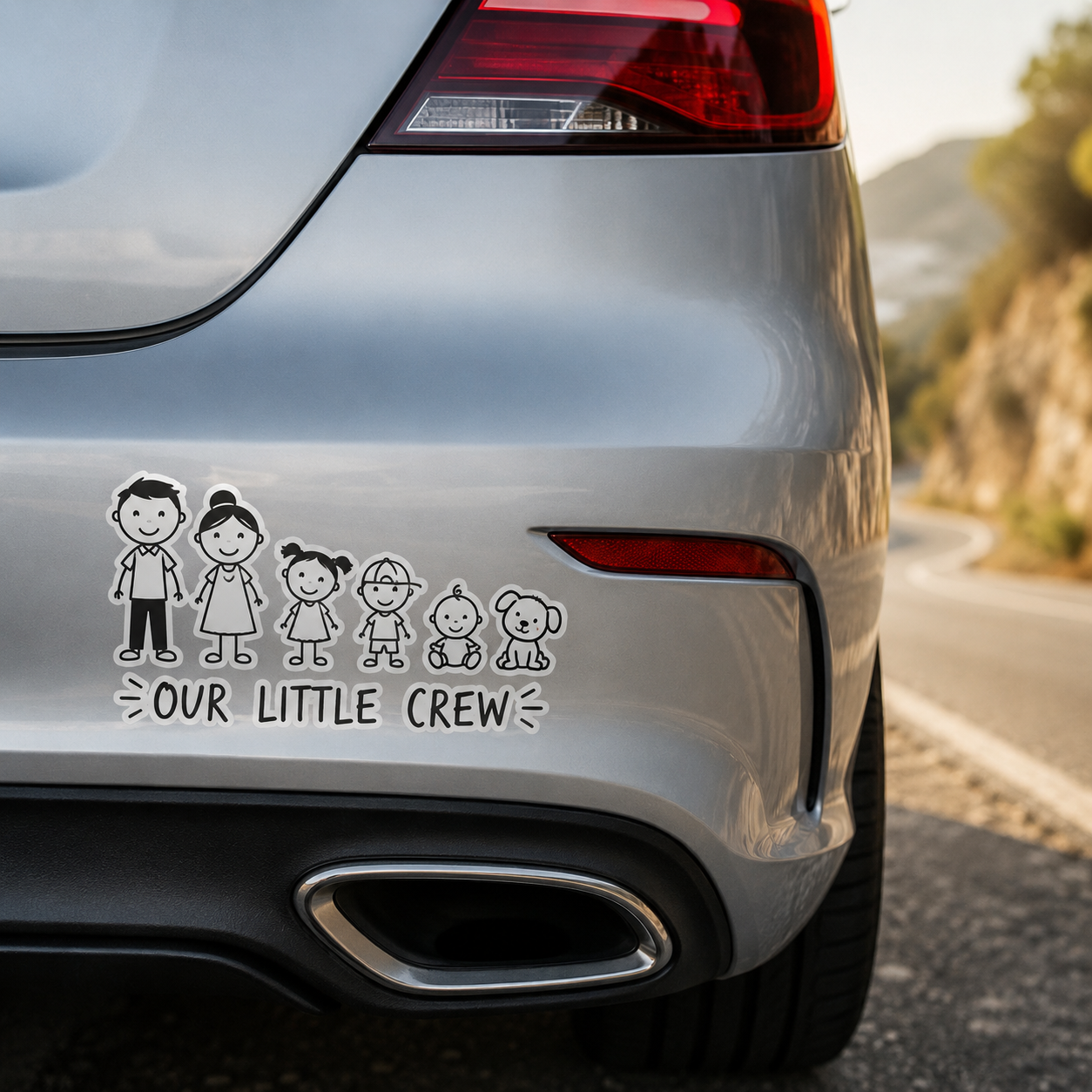 A customizable black and white stick figure family car bumper sticker showing parents, kids, baby, and a dog with Our Little Crew text.