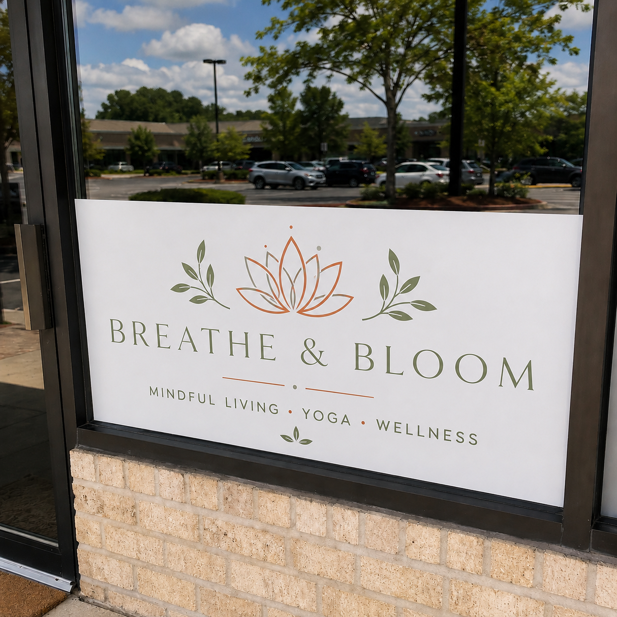 A custom vinyl window decal featuring a business logo for "Breathe & Bloom Mindful Living, Yoga, Wellness" with a lotus flower design, applied onto a glass storefront door.