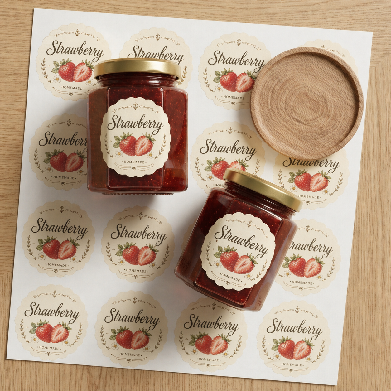 Two jars of strawberry jam with matching labels on a sheet of paper, surrounded by additional strawberry-themed labels.