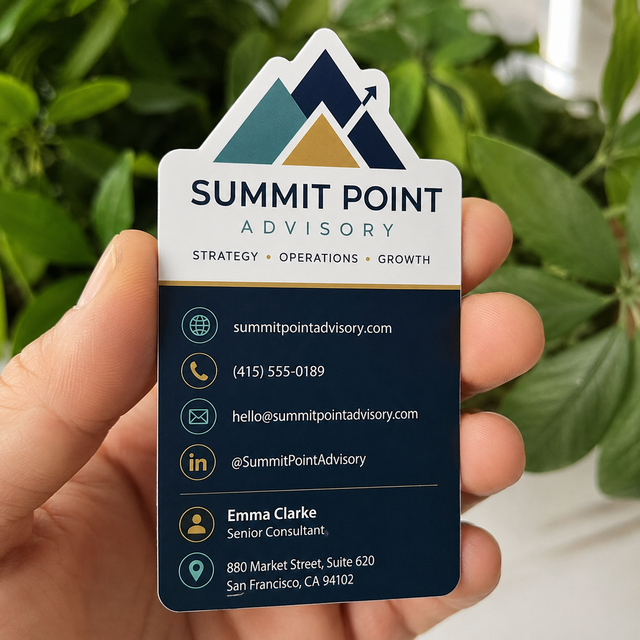 A close-up shot of a hand holding a custom die-cut vinyl business card sticker with a mountain-shaped top edge, featuring sharp print details and clean edges against a blurred green plant background.
