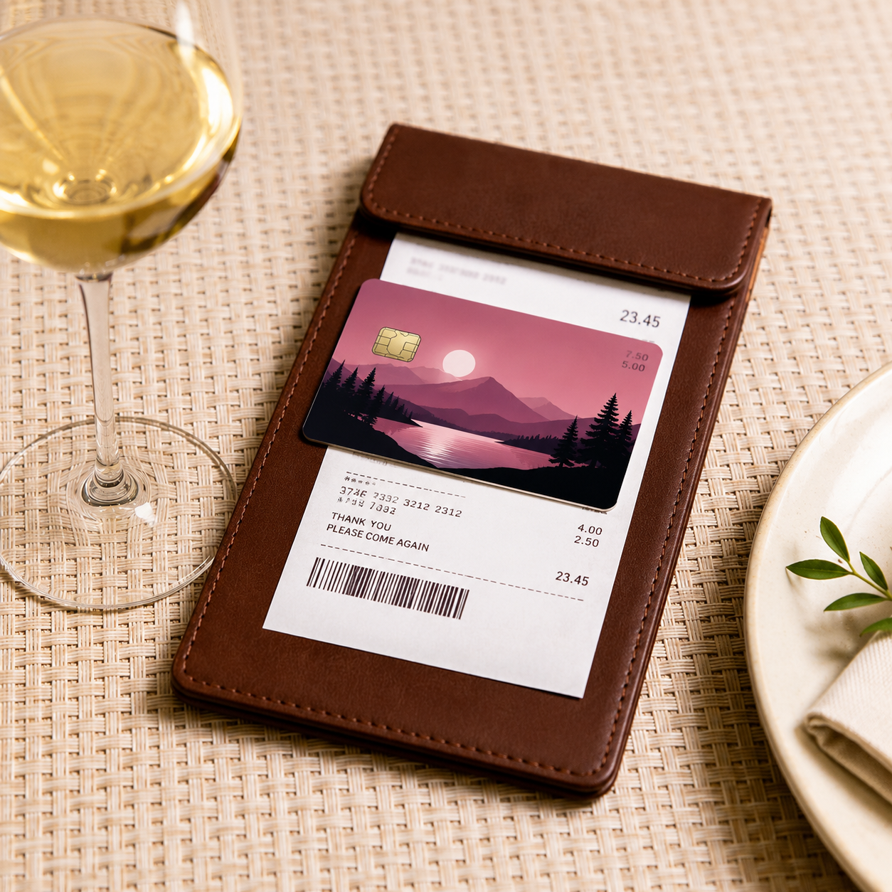 Sunset mountain landscape credit card skin displayed on a restaurant check holder, acting as a stylish card cover.