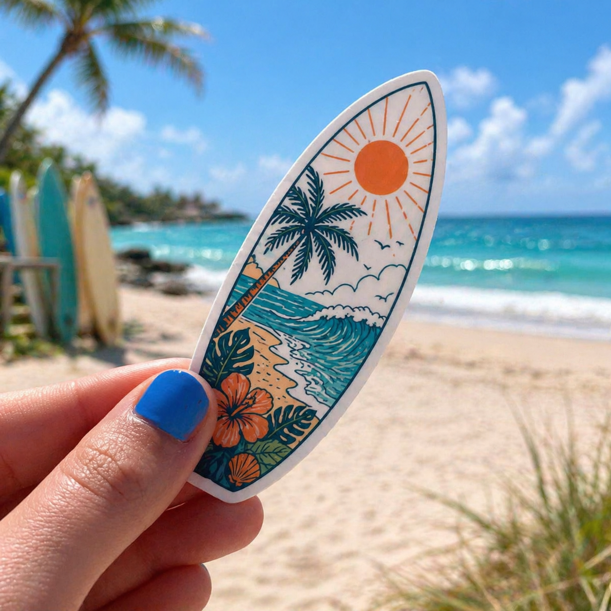 Custom surfboard sticker on beach – waterproof surf stickers for surfboards with ocean and tropical design