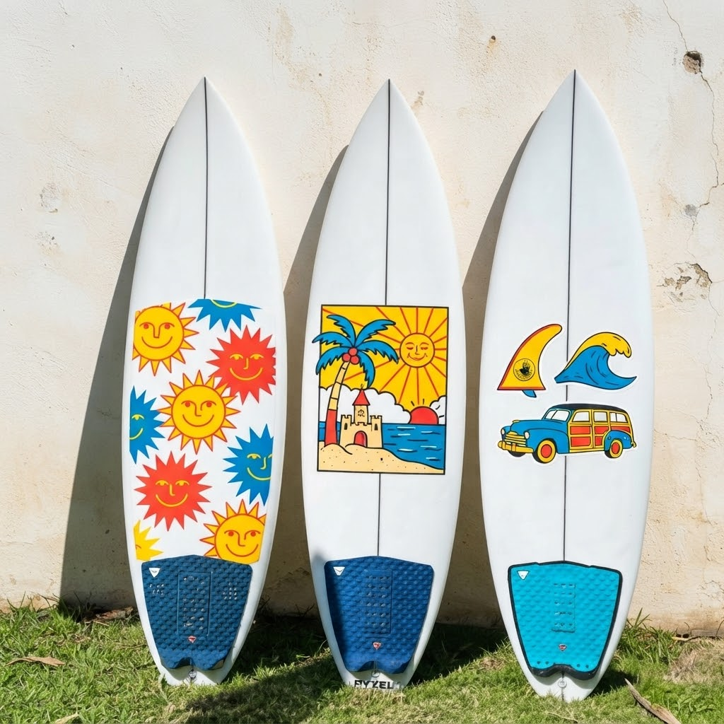 Three white surfboards decorated with sun and beach-themed custom stickers