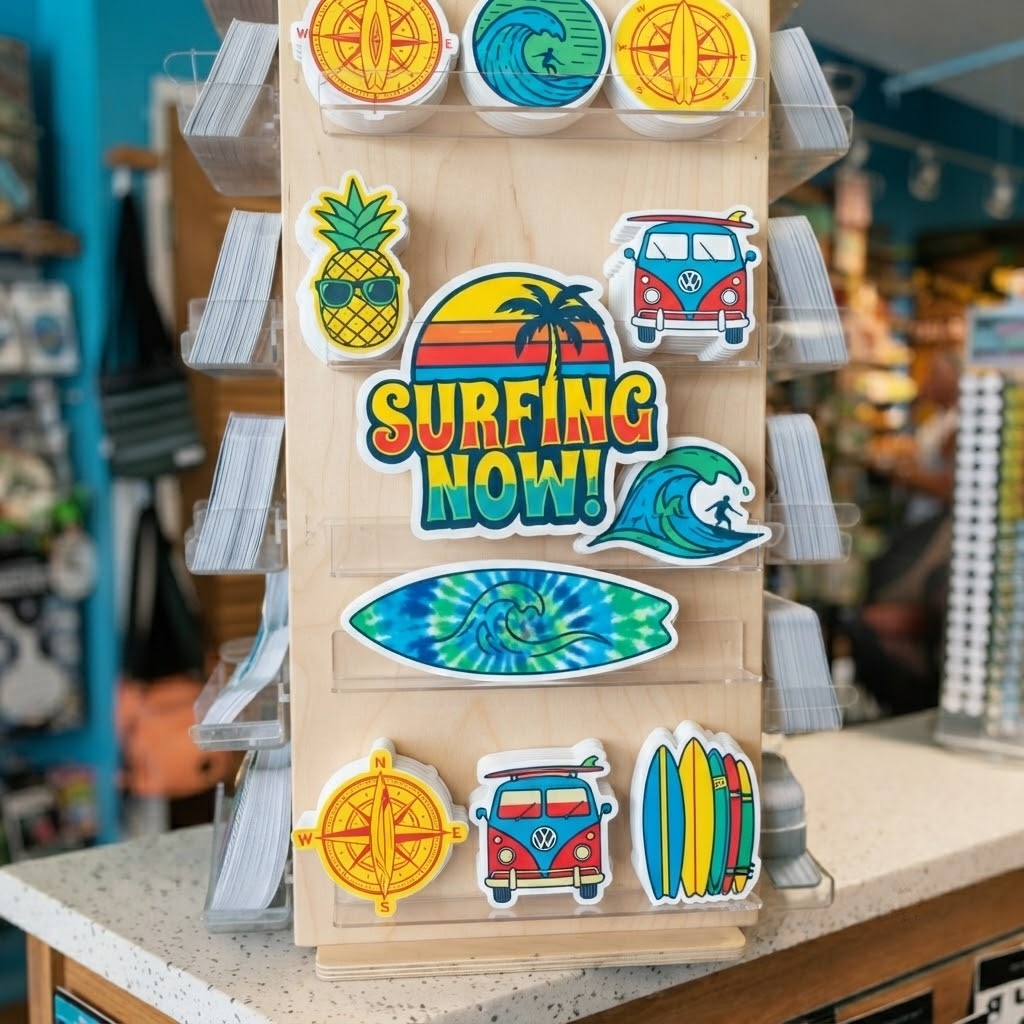 Assorted custom surfing-themed stickers displayed on a wooden shop rack